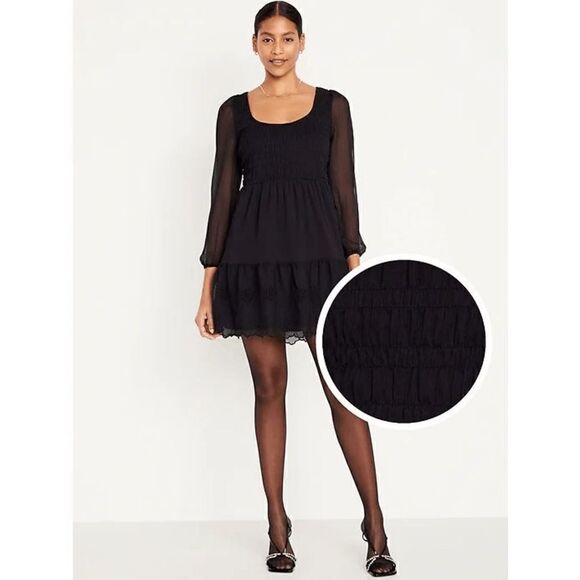 Old Navy Black Jack Fit & Flare Long-Sleeve Eyelet Mini Dress Small NWT - Picture 7 of 8